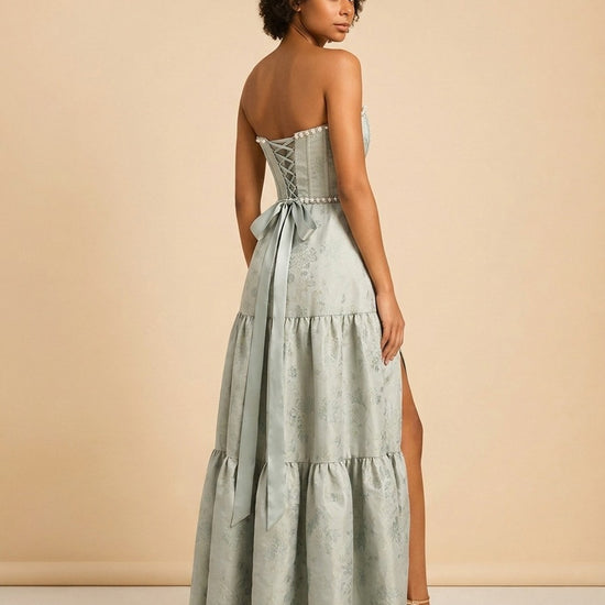 THE VIVIAN DRESS IN SAGE WINDSOR BROCADE model_over_shoulder
