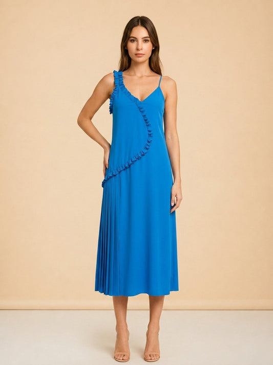 Cédric Charlier Turquoise Ruffle Slip Dress — on model, front
