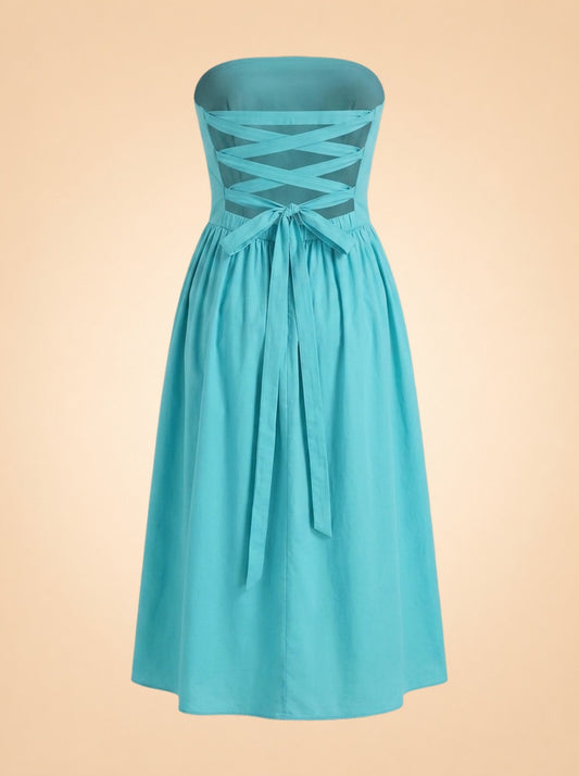 Turquoise Strapless Ruched Midi Dress