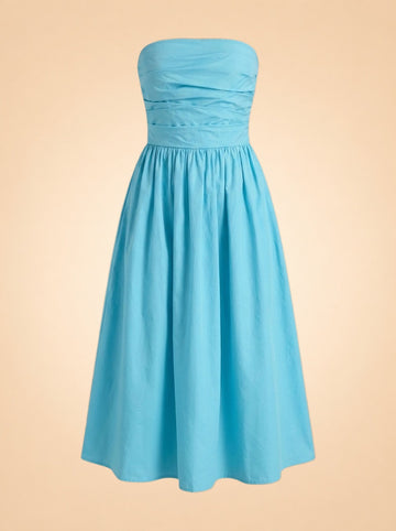 Turquoise Strapless Ruched Midi Dress