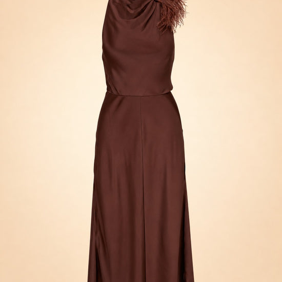 Truffle Feather Embellished Halter Dress ghost_front
