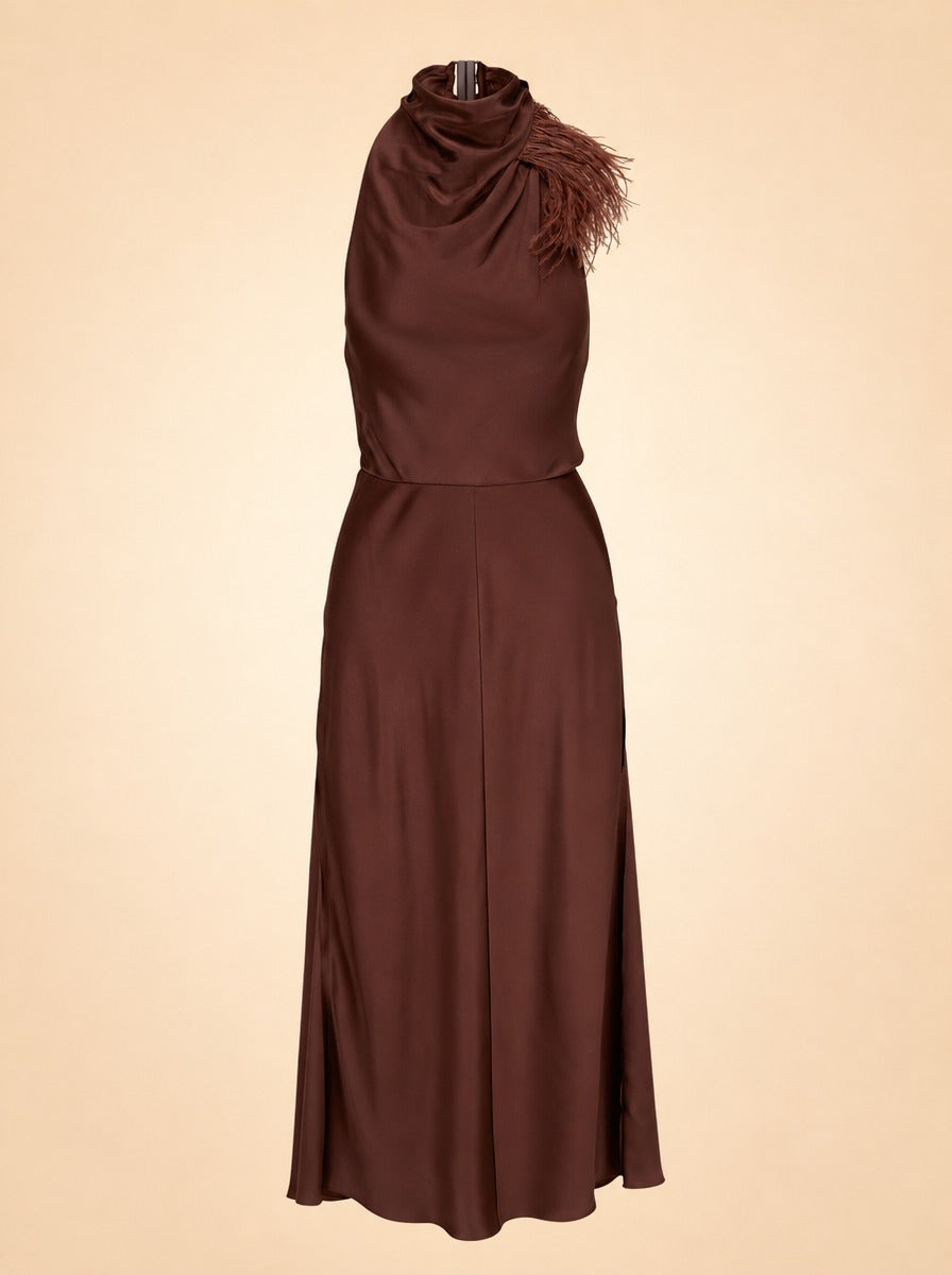 Truffle Feather Embellished Halter Dress ghost_front