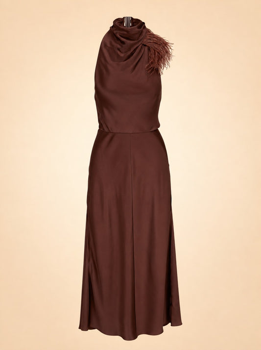 Truffle Feather Embellished Halter Dress ghost_front