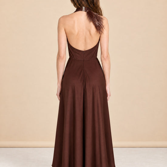 Truffle Feather Embellished Halter Dress model_back