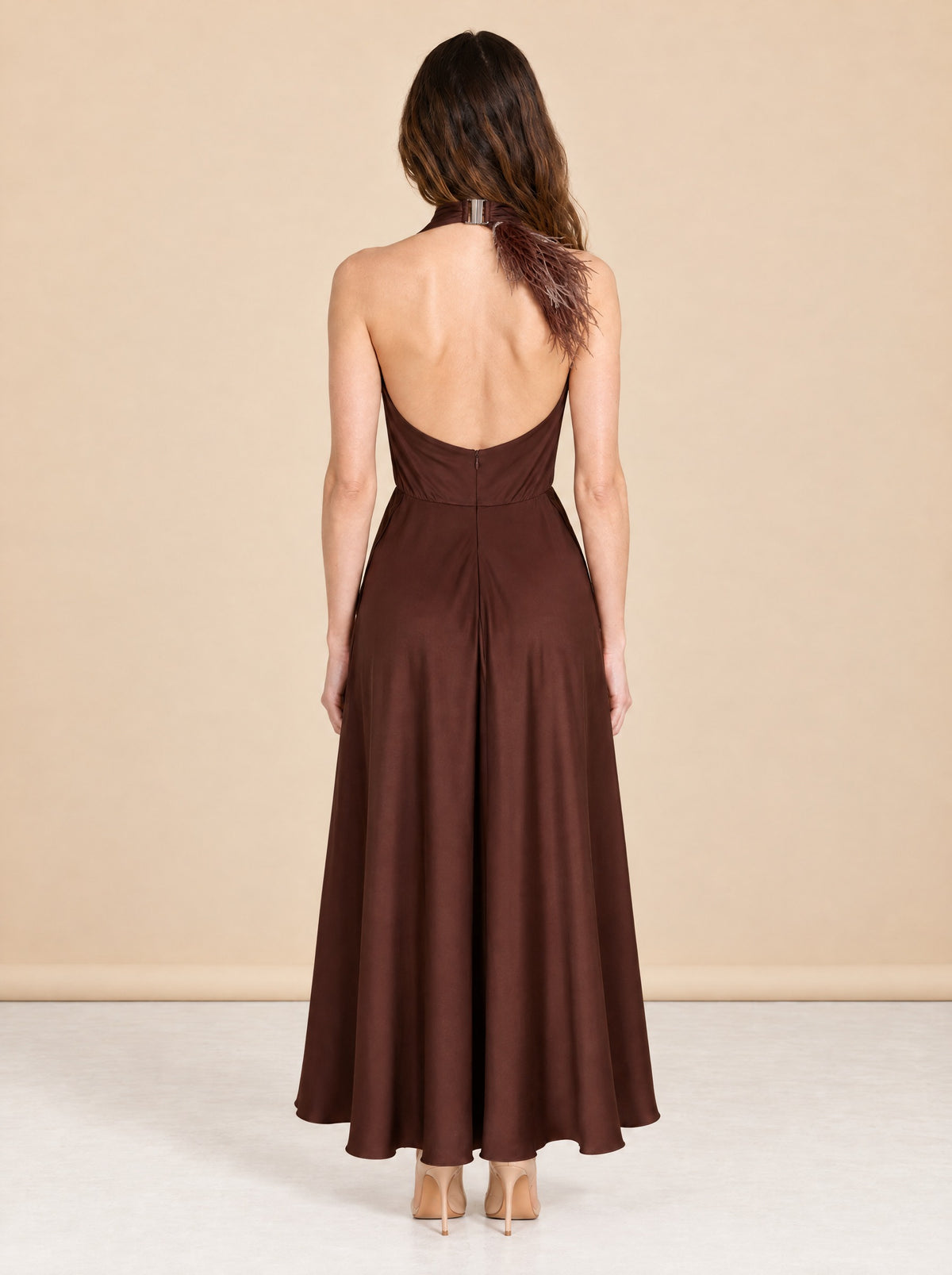 Truffle Feather Embellished Halter Dress model_back
