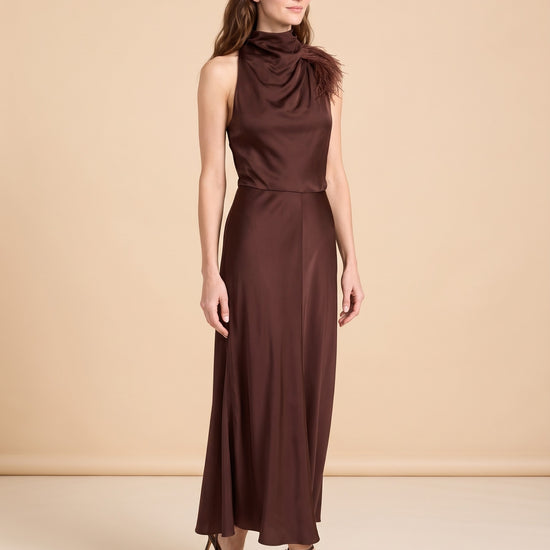 Truffle Feather Embellished Halter Dress model_front_2