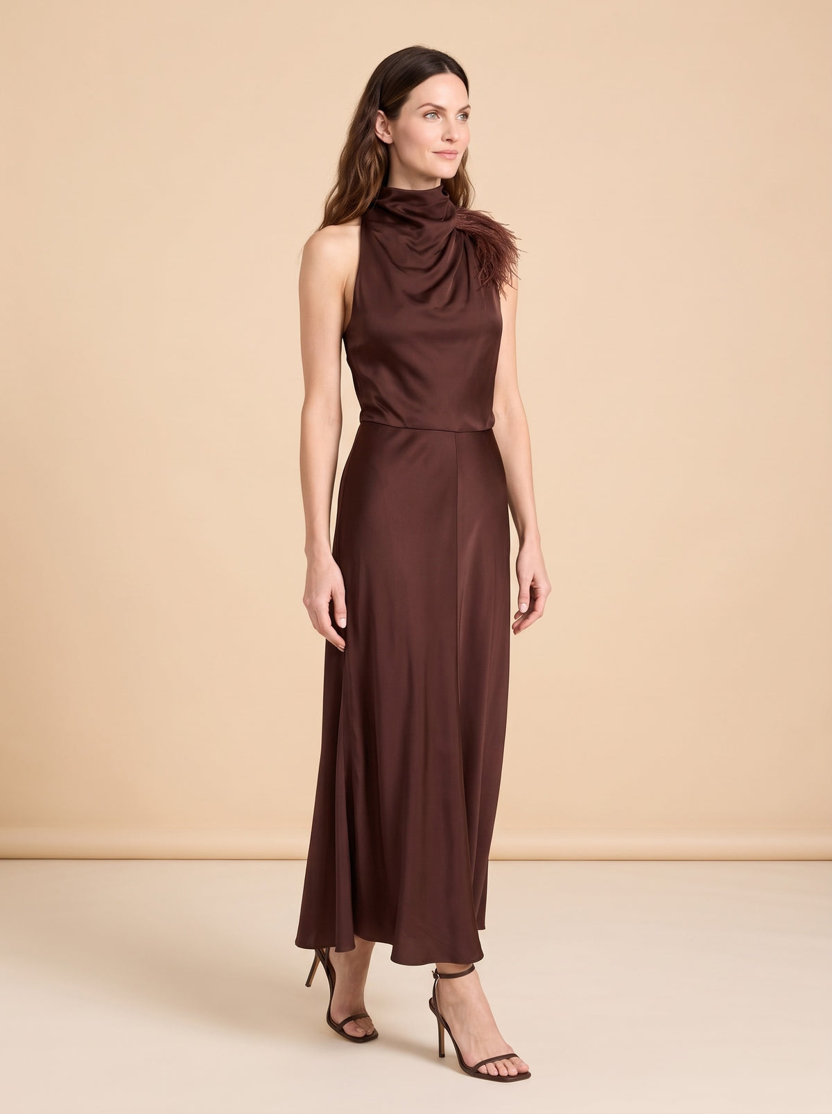 Truffle Feather Embellished Halter Dress model_front_2