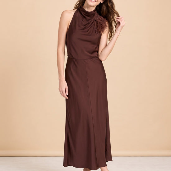 Truffle Feather Embellished Halter Dress model_front_3