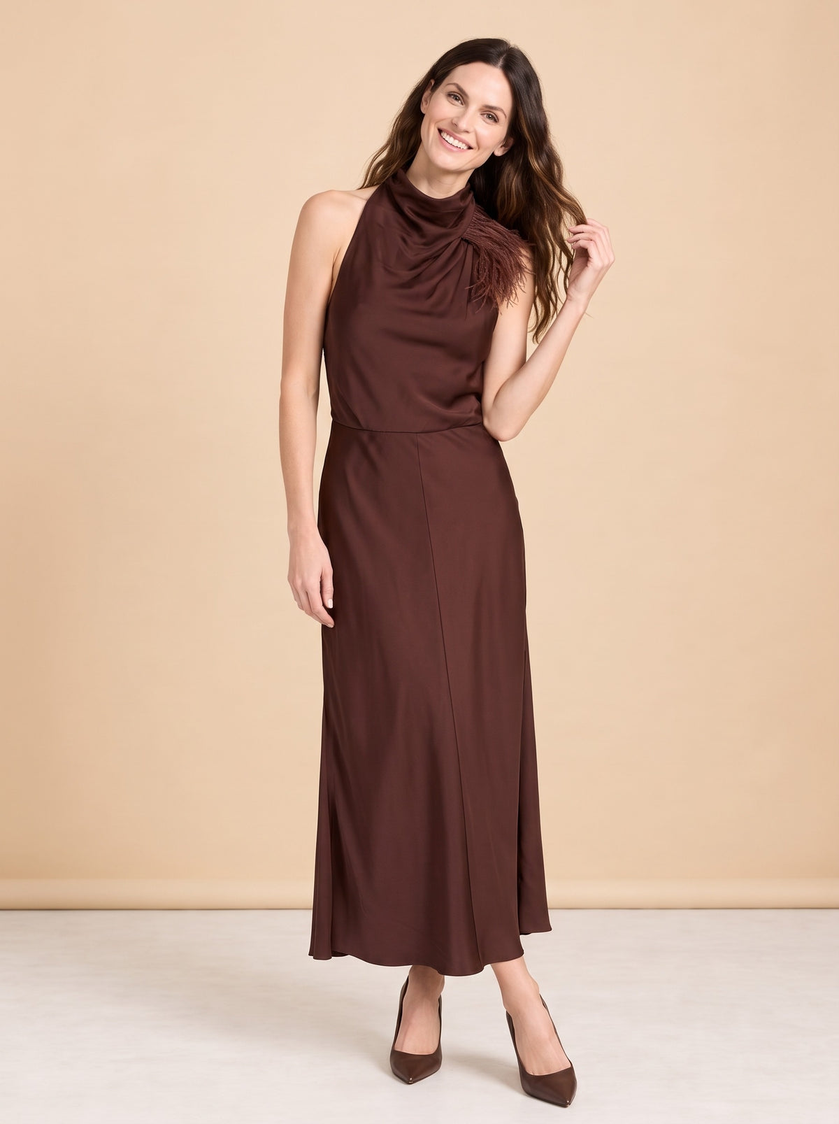 Truffle Feather Embellished Halter Dress model_front_3
