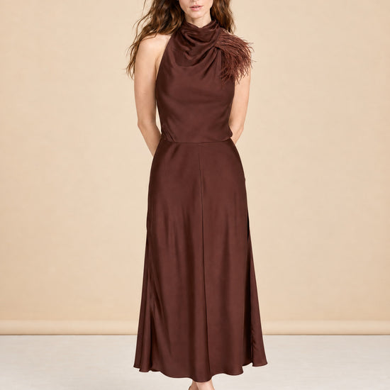 Truffle Feather Embellished Halter Dress model_front