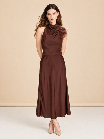 Truffle Feather Embellished Halter Dress model_front