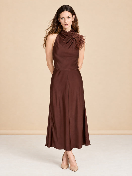 Truffle Feather Embellished Halter Dress model_front