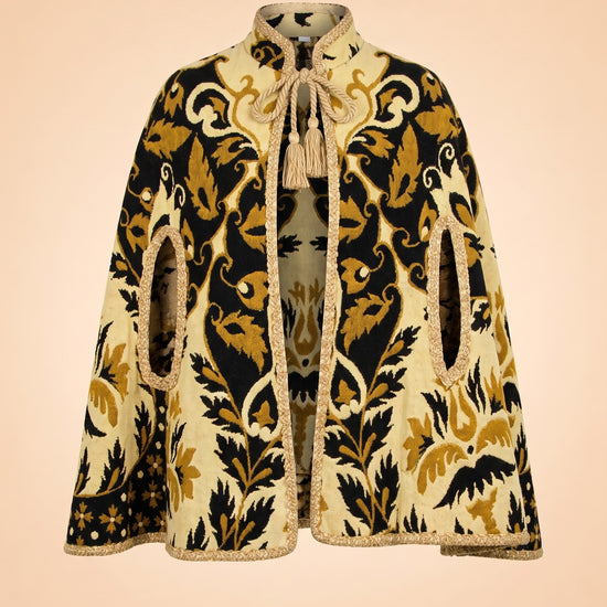 1970s Yellow Floral Wool Tapestry Cape, Vintage Geometric Cloak ghost_front