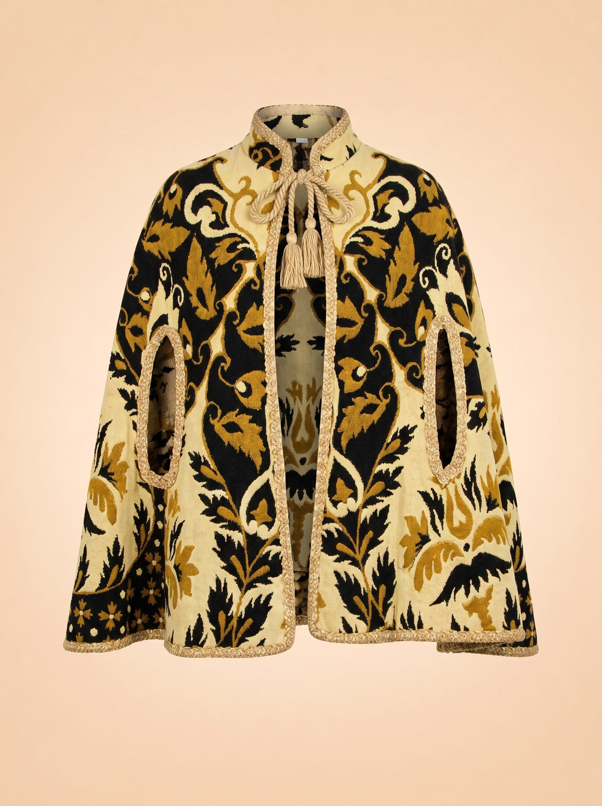 1970s Yellow Floral Wool Tapestry Cape, Vintage Geometric Cloak ghost_front