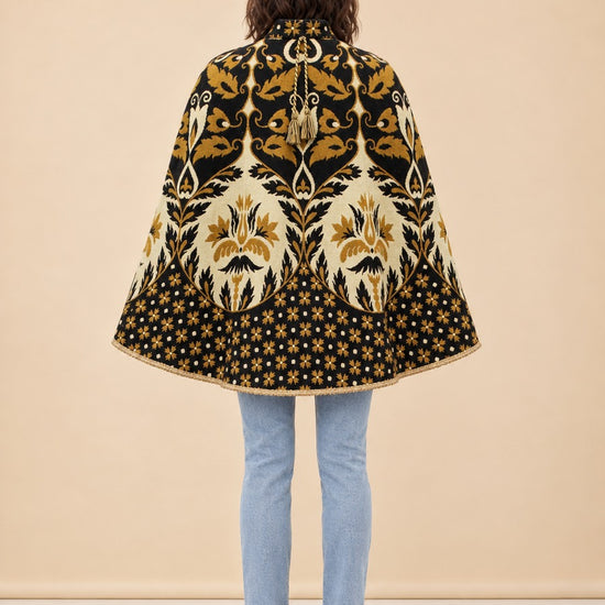 1970s Yellow Floral Wool Tapestry Cape, Vintage Geometric Cloak model_back