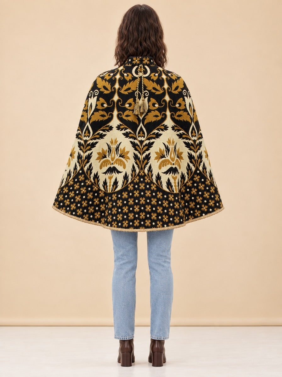 1970s Yellow Floral Wool Tapestry Cape, Vintage Geometric Cloak model_back