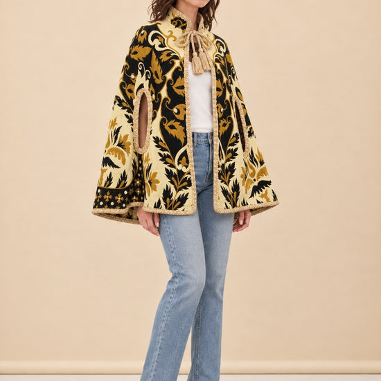 1970s Yellow Floral Wool Tapestry Cape, Vintage Geometric Cloak model_front_2