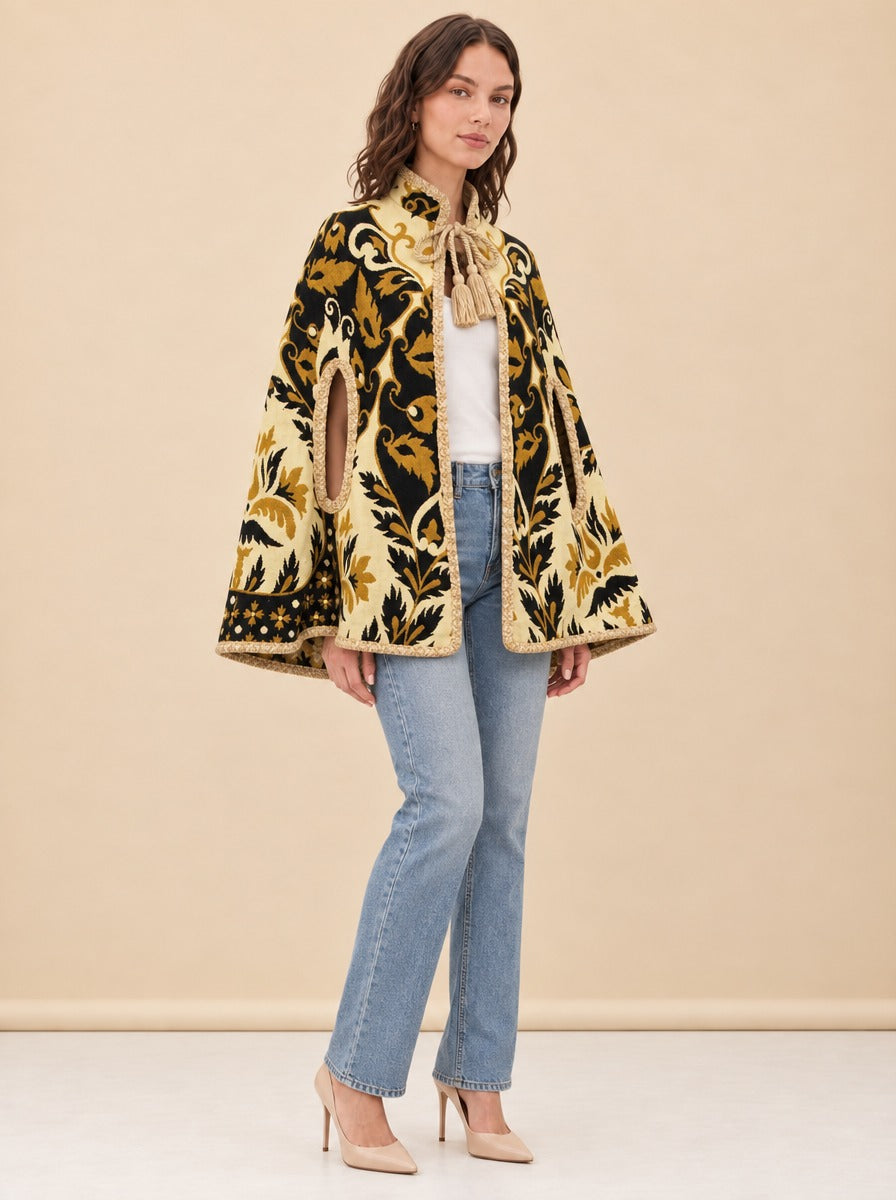 1970s Yellow Floral Wool Tapestry Cape, Vintage Geometric Cloak model_front_2