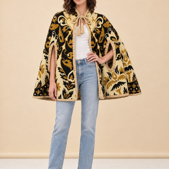 1970s Yellow Floral Wool Tapestry Cape, Vintage Geometric Cloak model_front_3