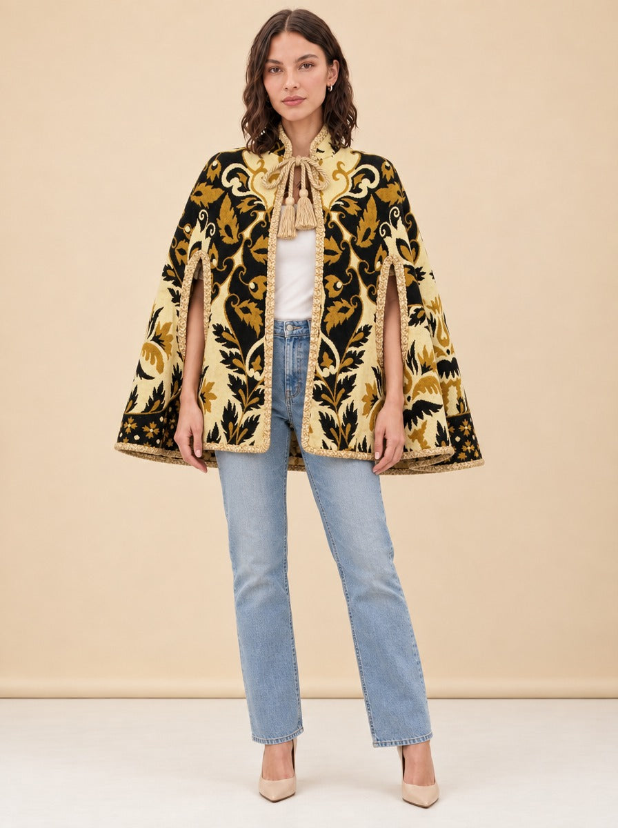 1970s Yellow Floral Wool Tapestry Cape, Vintage Geometric Cloak model_front