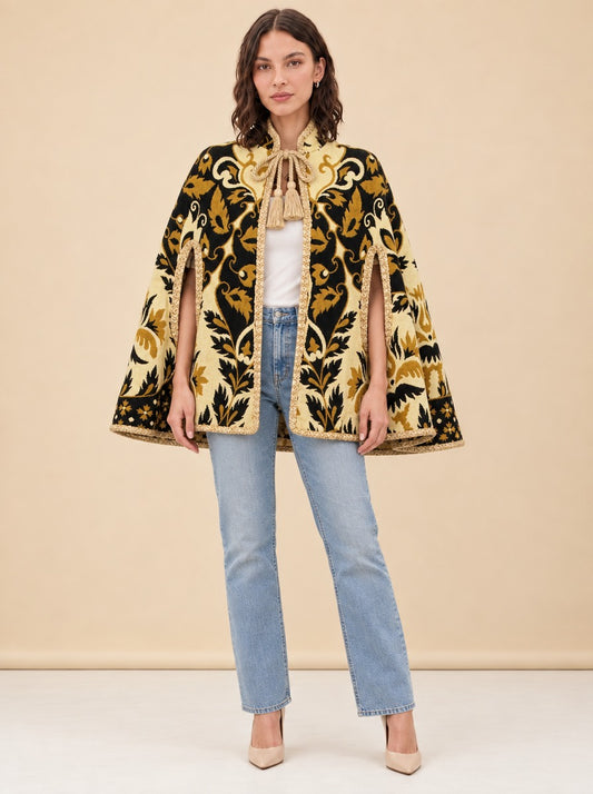 1970s Yellow Floral Wool Tapestry Cape, Vintage Geometric Cloak model_front