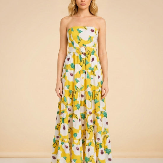 Yellow Regina Poplin Floral Tiered Maxi Strapless Dress model_front