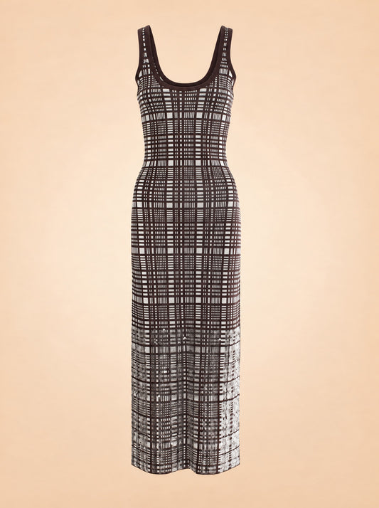 Plaid Knit Metallic-Hem Tank Maxi Dress — ghost front