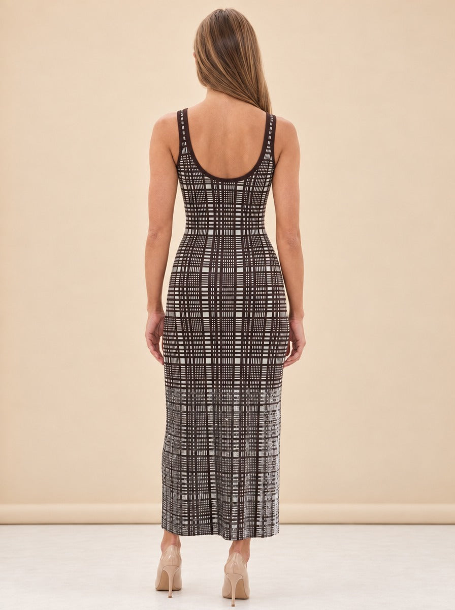 Plaid Knit Metallic-Hem Tank Maxi Dress — model back