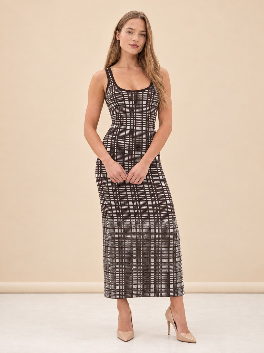 Plaid Knit Metallic-Hem Tank Maxi Dress — model front 2