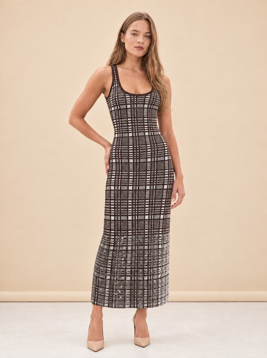 Plaid Knit Metallic-Hem Tank Maxi Dress — model front 3