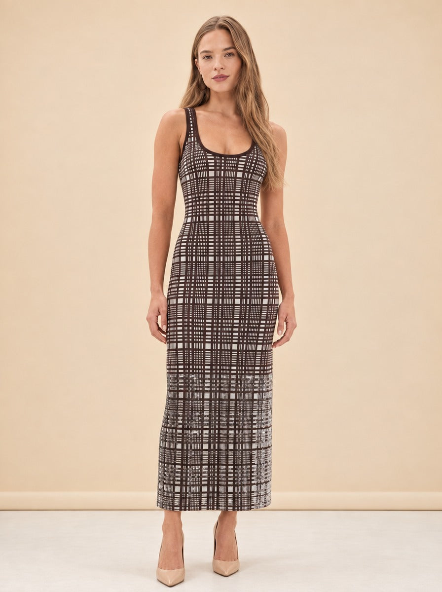 Plaid Knit Metallic-Hem Tank Maxi Dress — model front